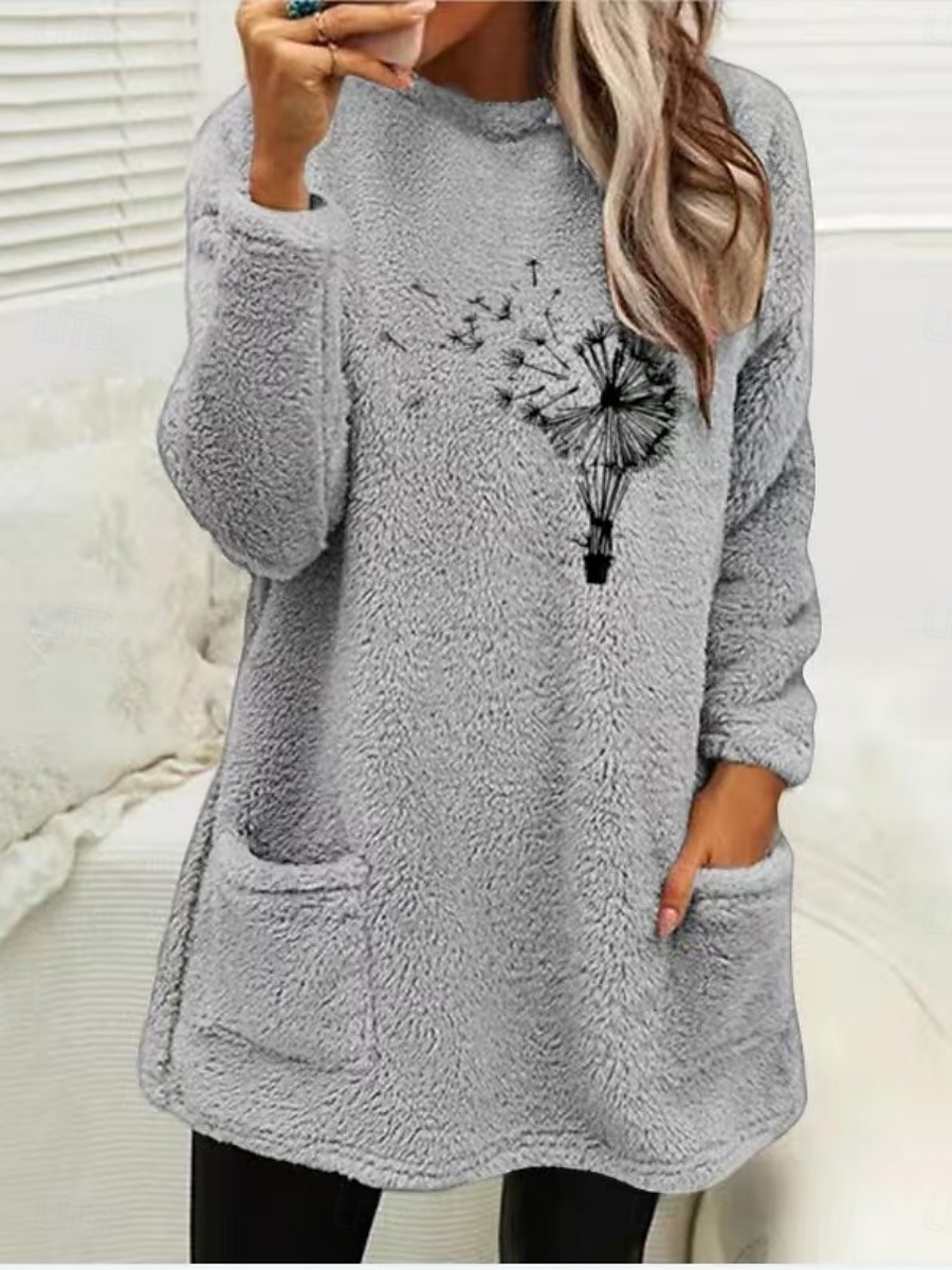 Жен. Пуловер Толстовка Карман Цветочный принт На каждый день Длинный рукав Круглый вырез Длинные топы Повседневные Для улицы На каждый день Синий Белый Розовый Серый Осень Зима 2026 - $25.99 –P2