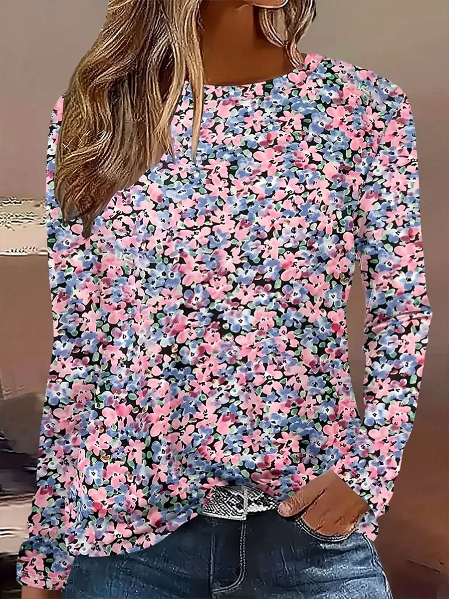 Per donna Maglietta Stampato Ombre Floreale Grafico Vintage Elegante Classico Manica Lunga Girocollo Top Regolari Quotidiano Blu Rosa Primavera Autunno Inverno del 2026 a $24.99 –P1