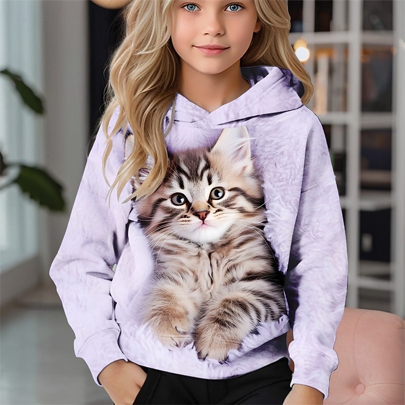 2026年 女の子 3D 猫 パーカー 長袖 秋 冬 ファッション 愛らしい ベーシック 子供 4〜12年 フード付き アウトドア カジュアル 日常 レギュラー  コレクション – $18.99 –P4