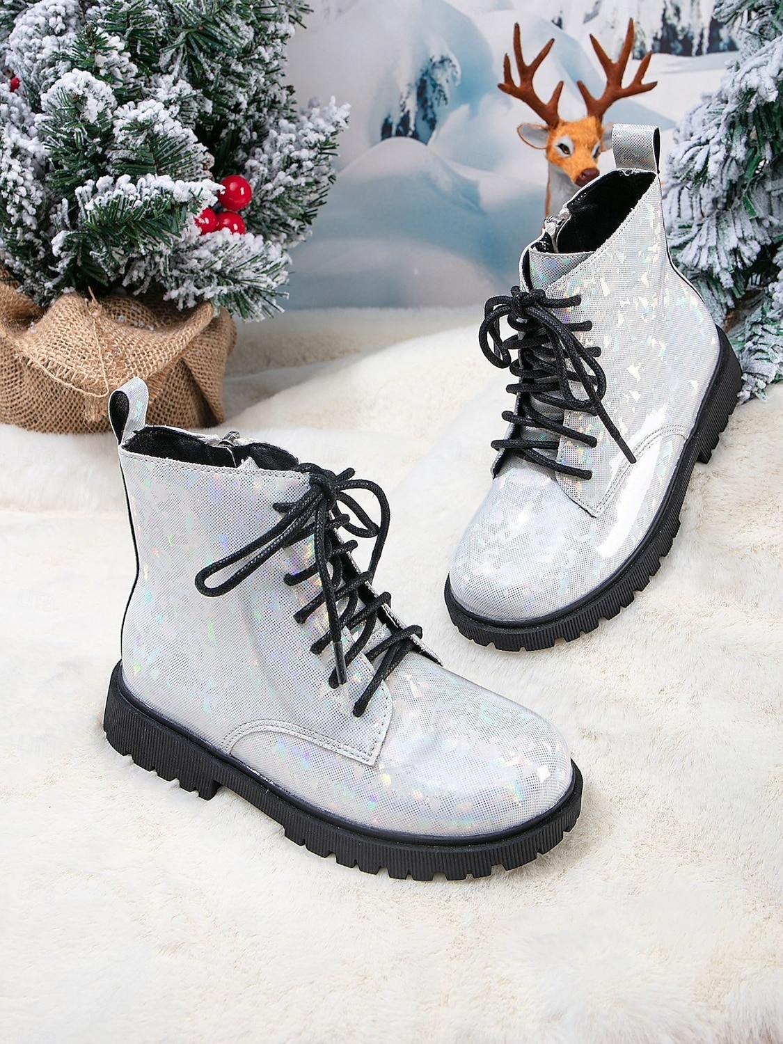 Korealaisesta idolista inspiroituneet poptähden naamiaiskengät tyttöjen hopeanväriset kimaltelevat maiharit nauhoilla, sivuvetoketjulla ja liukumattomalla pohjalla, talvimuodin mukaiset kengät 2026 - $42.99 –P1