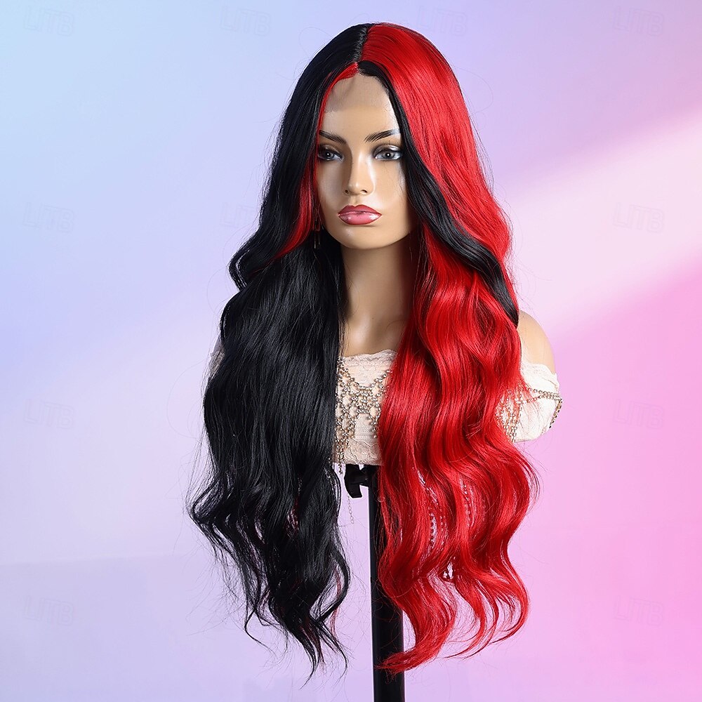 Peruca sintética Ondulado Estilo 28 polegada Multi Cores Parte do meio Parte U Peruca Mulheres Peruca Preto / Vermelho de 2026 por $40.99 –P3
