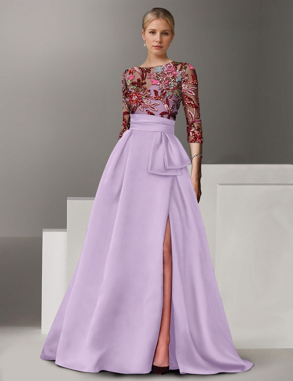 Abito da Sera A-Line Ricamato Floreale Elegante Formale Matrimonio Lungo Fino al Pavimento Mezza Manica Collo a Camicia di Satin con Fiocco(e) Spacco del 2025 a $159.99 –P11