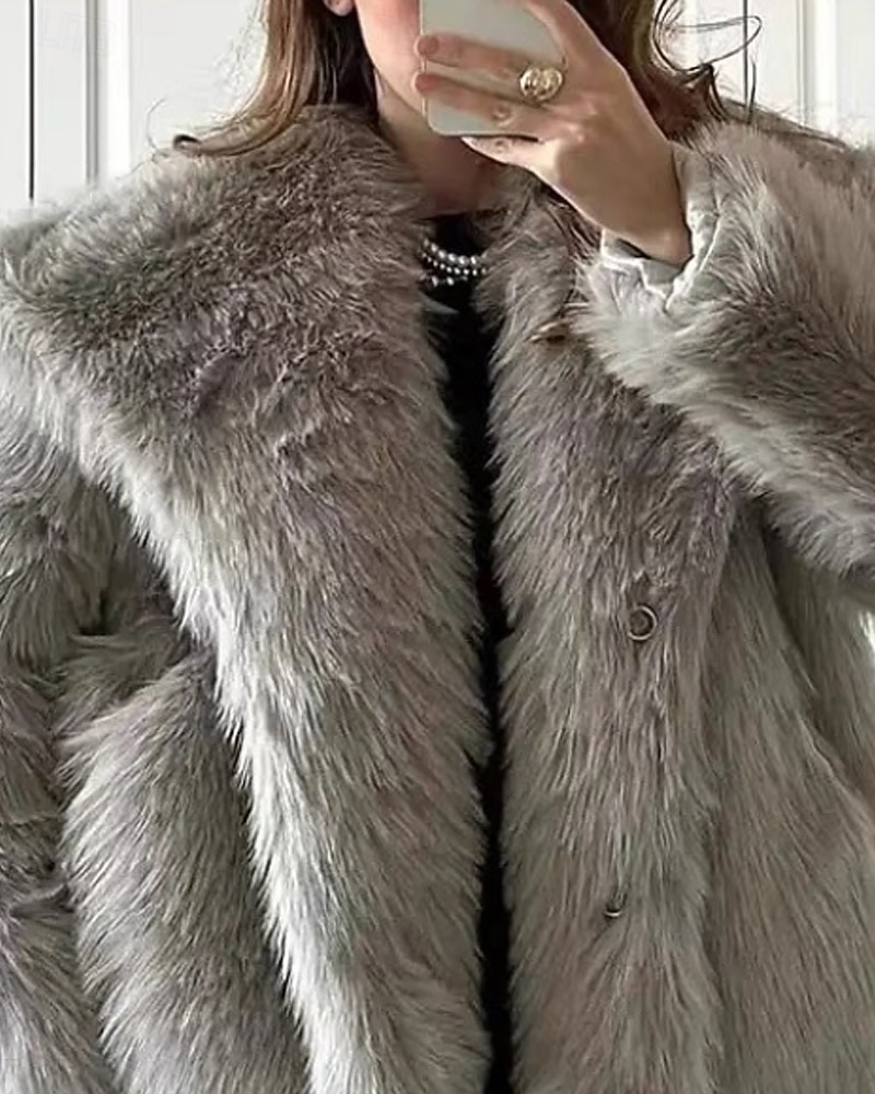 Damen Kunstpelzmantel Warm Bequem Pelze & Leder Lässig Einfach Urlaub Straße Ferien Ausgehen Regulär Umlegekragen Normale Passform Langarm Oberbekleidung Hell Gray Herbst Winter 2025 - $52.99 –P2
