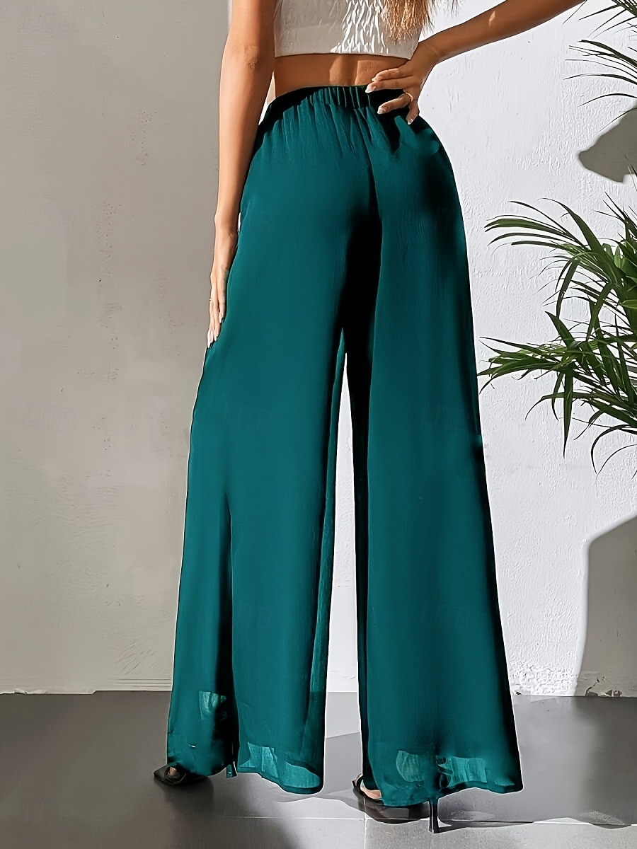 Mulheres Perna larga chinês Moda Roupa de rua Básico Comprimento total Cintura Alta Tecido Cintura elástica Confortável Macio Com Stretch Ao ar livre Rua Casual Marron Escuro Vinho Preto Branco Verão de 2025 por $26.99 –P11