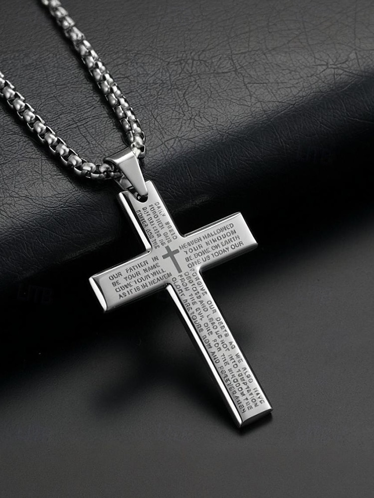 Męski naszyjnik z krzyżem ze stali tytanowej z grawerunkiem modlitwy Pańskiej, łańcuszek z biżuterią religijną dla wyznawców wiary chrześcijańskiej, do noszenia na co dzień i na prezent 2026 - $9.99 –P5