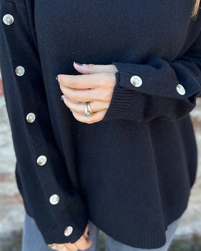 Femmes Pull Mode Streetwear Occasionnel Couleur Unie Côtelé Col roulé Boutons Tricoté manche longue Hauts Réguliers Tricoter Extérieur Quotidien Week-end Noir Automne Hiver de 2026 ? $37.99 –P3