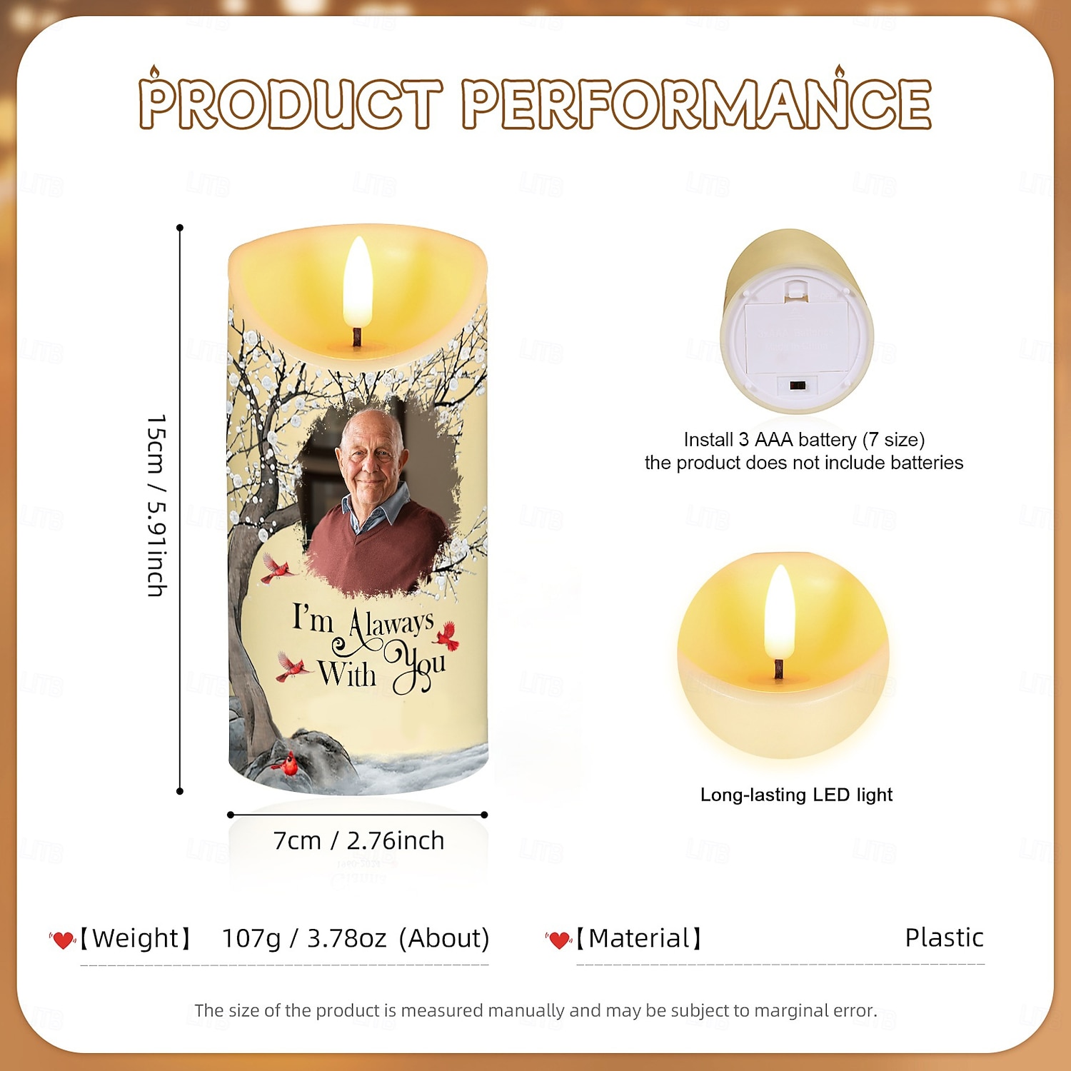 Personalisierte LED-Gedenkkerze mit individuellem Foto, Beileidsgeschenke für den Verlust geliebter Menschen, elegantes Erinnerungslicht für die Dekoration des Schlafzimmers zu Hause, Hommage an 2025 - $15.99 –P3