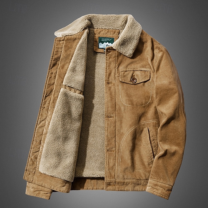 Herren Winterjacke Cordjacke Fleecejacke Freizeitjacke Urlaub Täglich Thermowarm Tasche Fleece Herbst Winter Einfach Mode Streetwear Revers Regulär Gelb Khaki Armeegrün Grau Jacken 2025 - $57.99 –P1