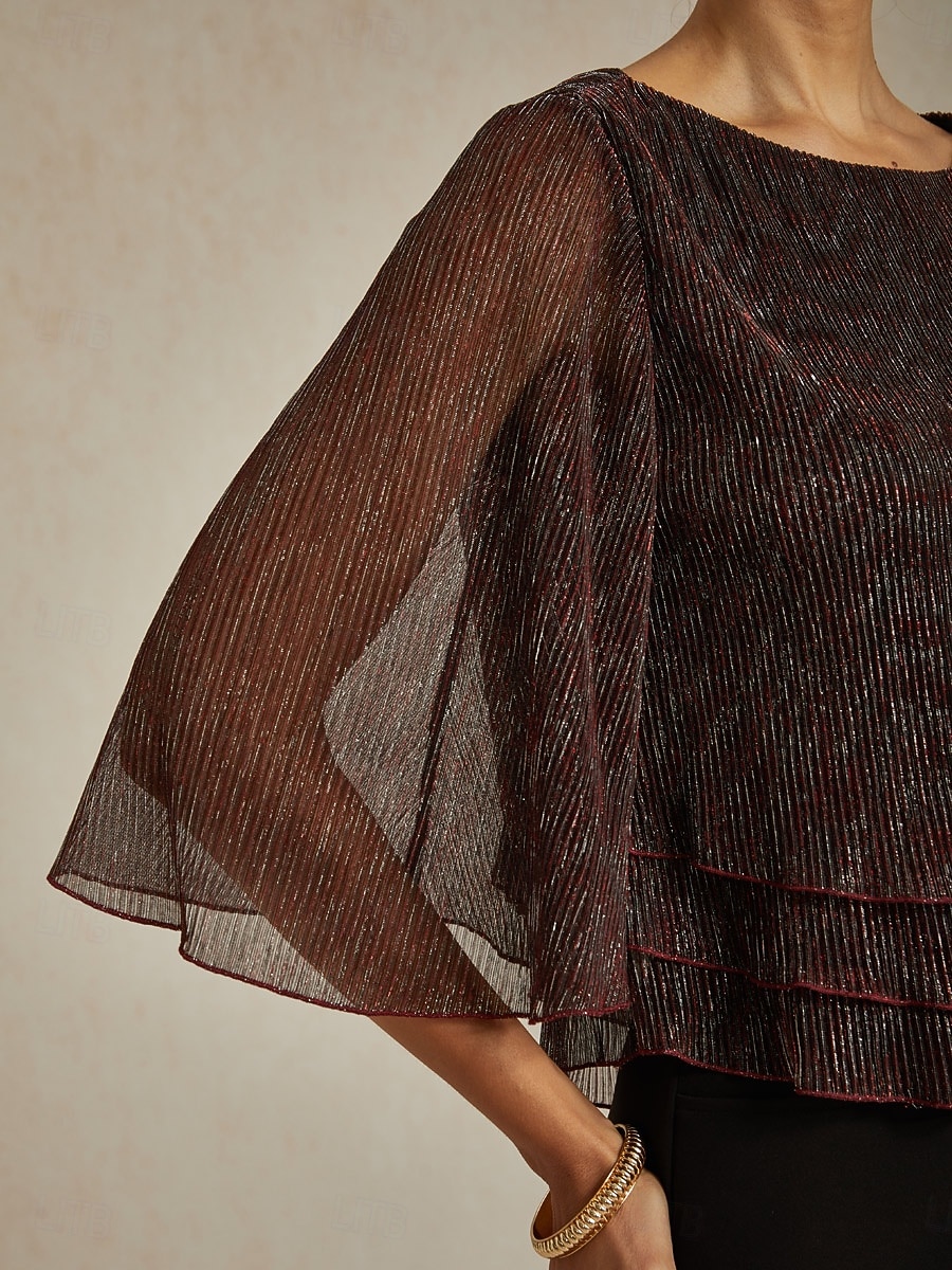 Women's Blouse Dressy Tops Flowy Tops Chiffon Tops Elegant Vintage Stylish 3/4 Length Sleeve Crew Neck Boat Neck Work Daily Date Night Outfits Sequins Pleated Patchwork Wine Spring Fall 2025 - $69.99 –P3