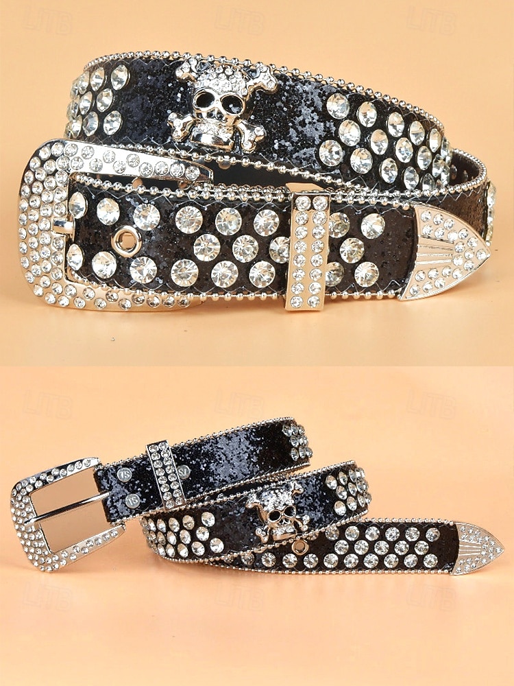 Ceinture unisexe Halloween en strass avec tête de mort – Accessoire de taille en similicuir punk rock scintillant pour fêtes, concerts et costumes de 2025 ? $18.99 –P8