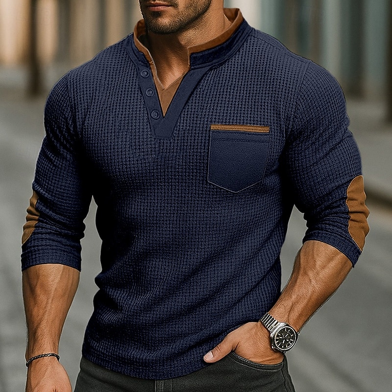 Herr Våffeltröja Waffle Henley Shirt Långärmad Hög krage Vår & Höst Alla årstider Ensfärgat Mode Grundläggande Ledigt Fickor falska två stycken Gata Ledigt Sport Svart Marinblå Armégrön Topp t-shirt 2025 - $21.99 –P6