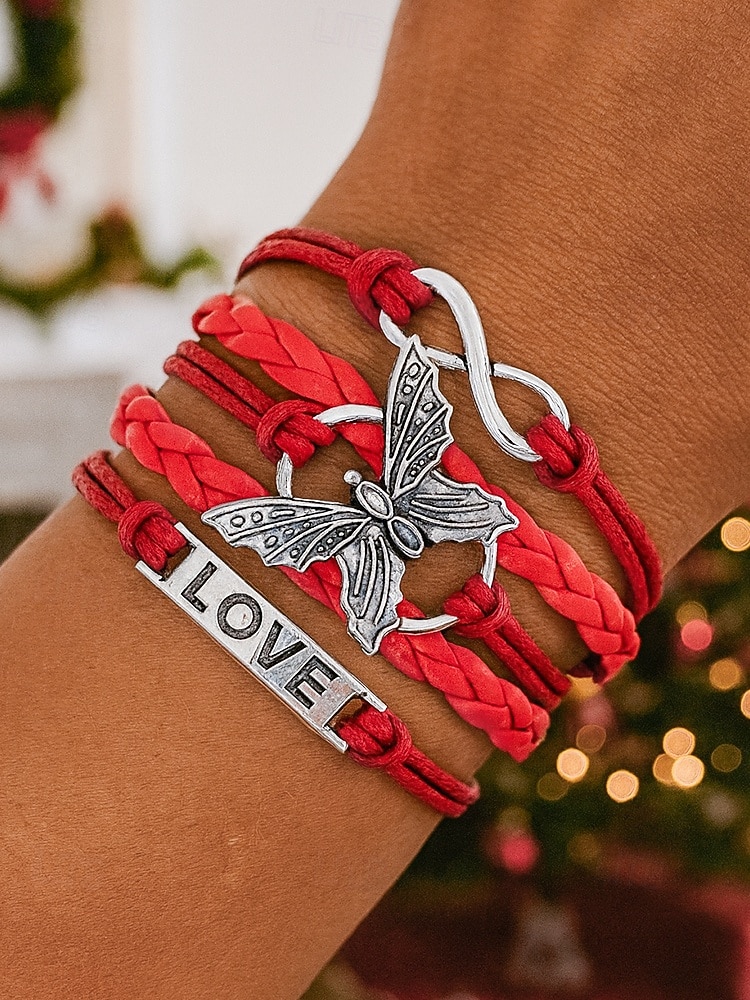 Pulseira feminina de Natal multicamadas com pingente de borboleta e amor, joias trançadas ajustáveis em várias cores para festas de fim de ano e presentes de 2026 por $5.99 –P1