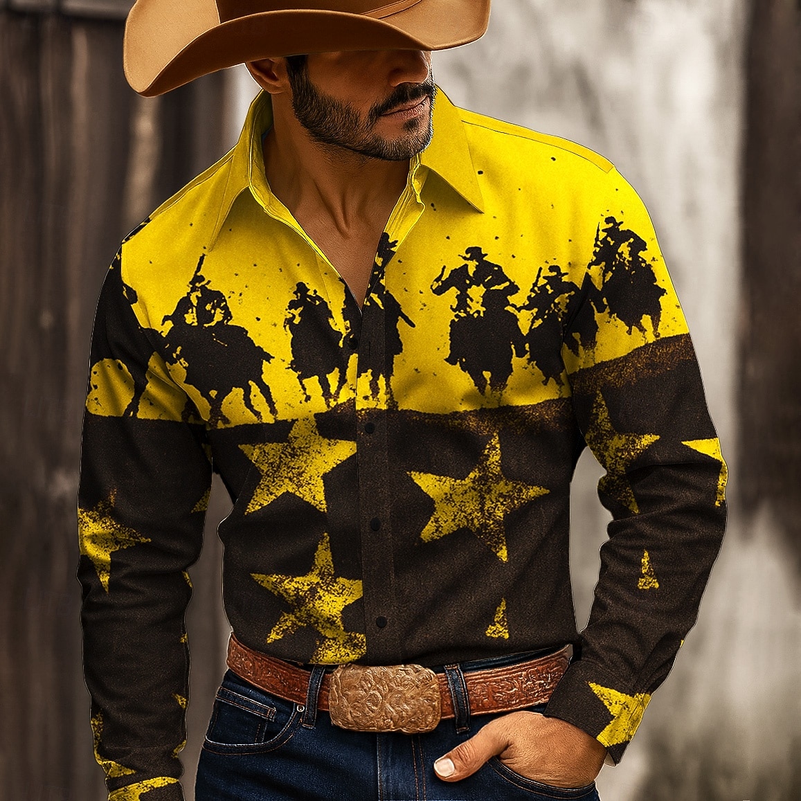 Men's Stars Cowboy Riding Horse Shirt Western Shirt Button Up Shirt Long Sleeve Vintage Retro Outdoor Casual WorkWear Spring Fall Turndown 3D Print Collared Shirts Blue Yellow Orange Apricot 2026 - $27.99 –P5