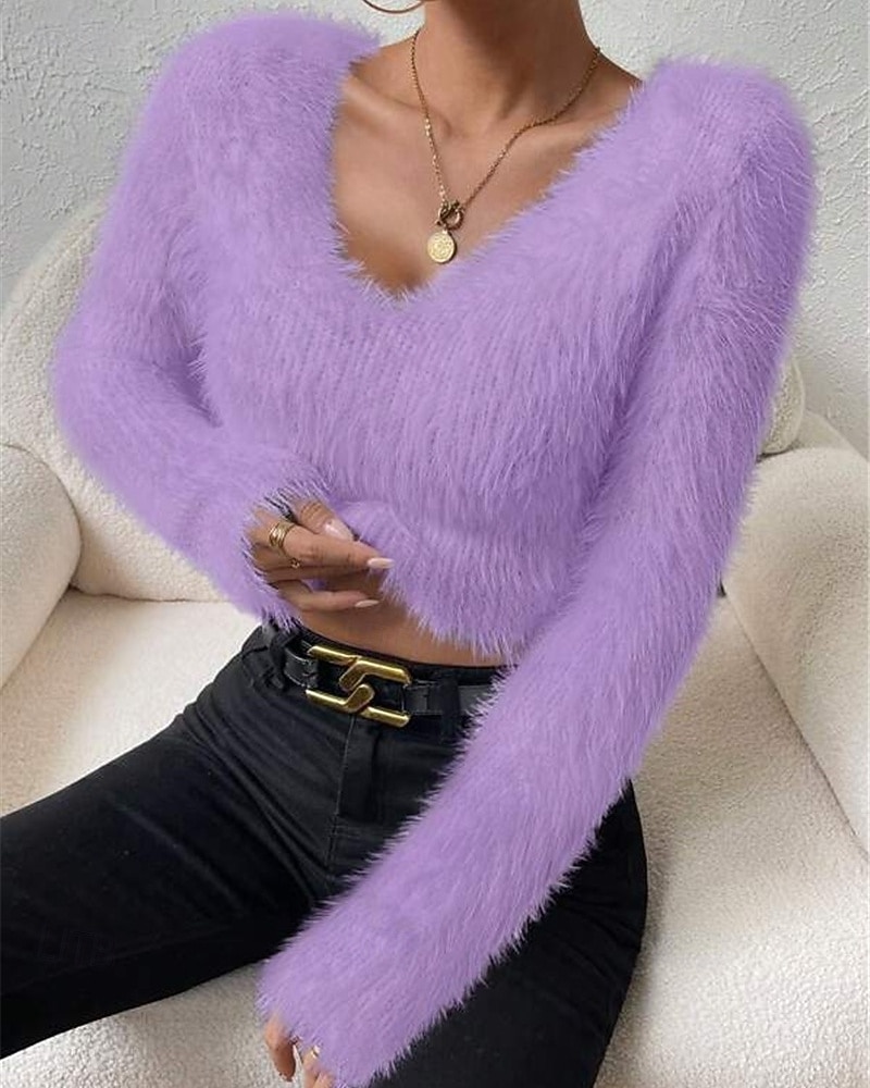 Femmes Pull Mode Occasionnel Couleur Unie Côtelé Col en V Tricoté manche longue Hauts Réguliers Tricoter Extérieur Quotidien Week-end Noir Blanche Automne Hiver de 2025 ? $27.99 –P10