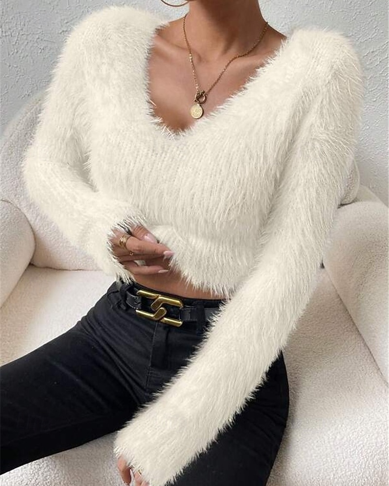 Femmes Pull Mode Occasionnel Couleur Unie Côtelé Col en V Tricoté manche longue Hauts Réguliers Tricoter Extérieur Quotidien Week-end Noir Blanche Automne Hiver de 2025 ? $27.99 –P5