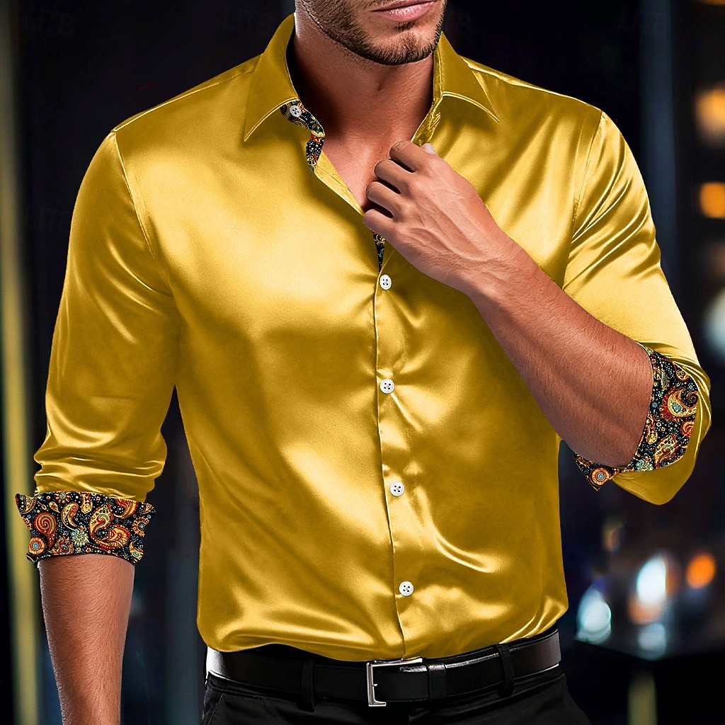 Hombre Camisa Camisa de raso Camisa para Vestido Camisa casual Abotonar la camisa Plano Formal Boda Blanco Rojo Azul Piscina Dorado Manga Larga Diseño Todas las Temporadas Ropa Botones 2026 - $26.99 –P1
