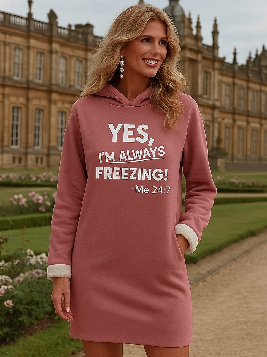 Dames Mini-jurk Hemdjurk Casual Kerstmis Huis Nieuwjaar Normale pasvorm Grafisch Brief Lange mouw Capuchon Blozend Roze Herfst Winter 2025 - $28.99 –P1