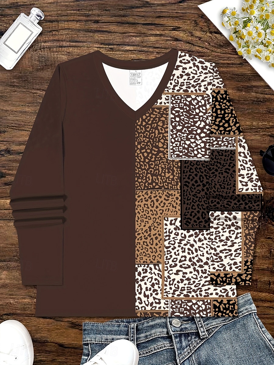 Mujer Camiseta Estampado Graphic Leopardo Geométrico Vintage Elegante Clásico Manga Larga Escote en Pico Tops regulares Diario Marrón Primavera Otoño Invierno 2026 - $24.99 –P2