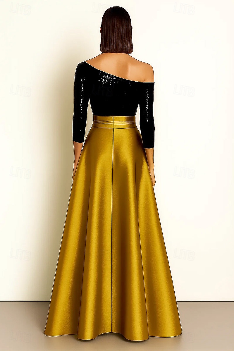schwarz-goldenes A-Linien-Abendkleid, elegantes Abendkleid, formelle Hochzeit, asymmetrisch, 3/4-Ärmel, ein Schulterstück, Stretch-Pailletten-Satin mit Rüschen, Schlitz 2025 2025 - $159.99 –P5