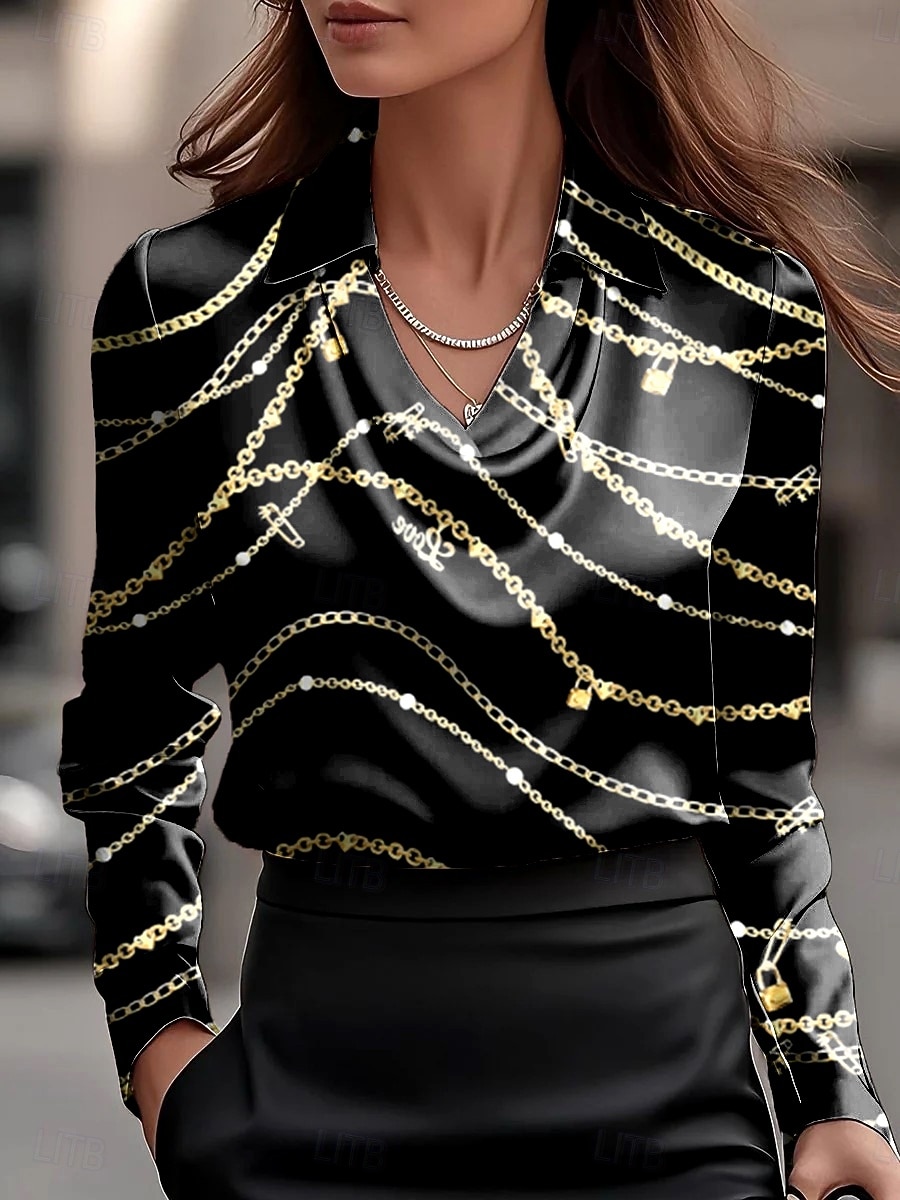 Damen Hemd Grafik Geometrisch Gestreift Elegant Stilvoll Basic Langarm Wasserfallausschnitt V Ausschnitt Normale Oberteile Arbeit Party-Abendmode Täglich Gerafft Drapiert Schwarz Weiß Herbst Winter 2025 - $29.99 –P1