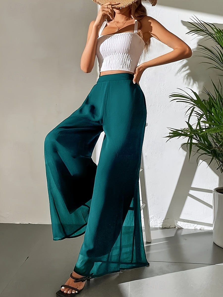 Mulheres Perna larga chinês Moda Roupa de rua Básico Comprimento total Cintura Alta Tecido Cintura elástica Confortável Macio Com Stretch Ao ar livre Rua Casual Marron Escuro Vinho Preto Branco Verão de 2025 por $26.99 –P10