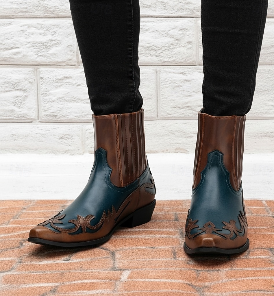 cizme de cowboy western maro și albastru pentru bărbați – design brodat din piele artificială pentru ținute casual și în stil country 2026 - $59.99 –P2