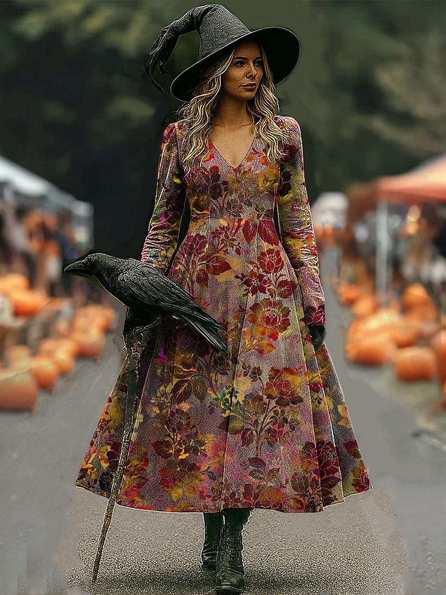 Halloween dámské šaty maxi s potiskem čarodějnice A-line šaty dovolená běžné boho pláž normální střih květinová grafika dlouhé rukávy V výstřih červená modrá fialová oranžová jaro podzim 2025 - $33.99 –P2