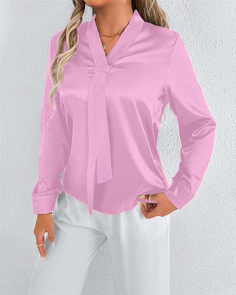Per donna Camicia Camicia in raso Tinta unica Elegante Casual Manica Lunga Scollo a V Top Regolari Quotidiano Uscire Nodo frontale Rosa Rosso Primavera Autunno del 2025 a $18.99 –P1