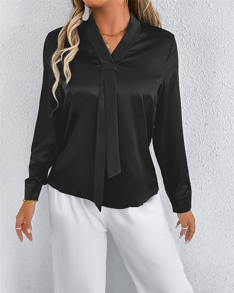 Per donna Camicia Camicia in raso Tinta unica Elegante Casual Manica Lunga Scollo a V Top Regolari Quotidiano Uscire Nodo frontale Nero Bianco Primavera Autunno del 2025 a $18.99 –P9
