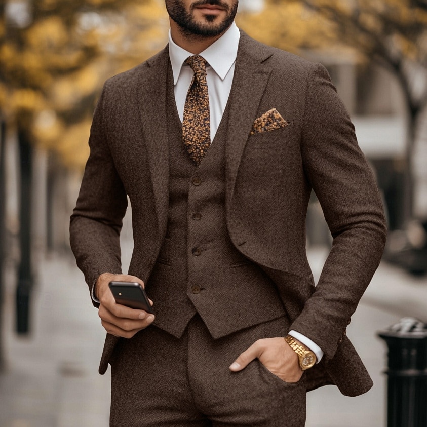 Men's Tuxedos Tweed Suits Casual Business Brown Dark Grey Fall Suit Notch Lapel Formal Herringbone Slim Fit 3 Piece Single Breasted One-button 2026 - $129.99 –P3