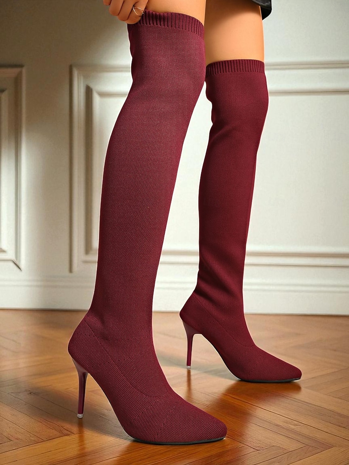 מגפי אופנתיים שחורים סריג מעל הברך עם עקב סטילטו לנשים - מגפיים אלגנטיים נמתחים עד הירכיים למסיבות ערב, מועדונים ואירועים רשמיים 2026 - $46.99 –P5