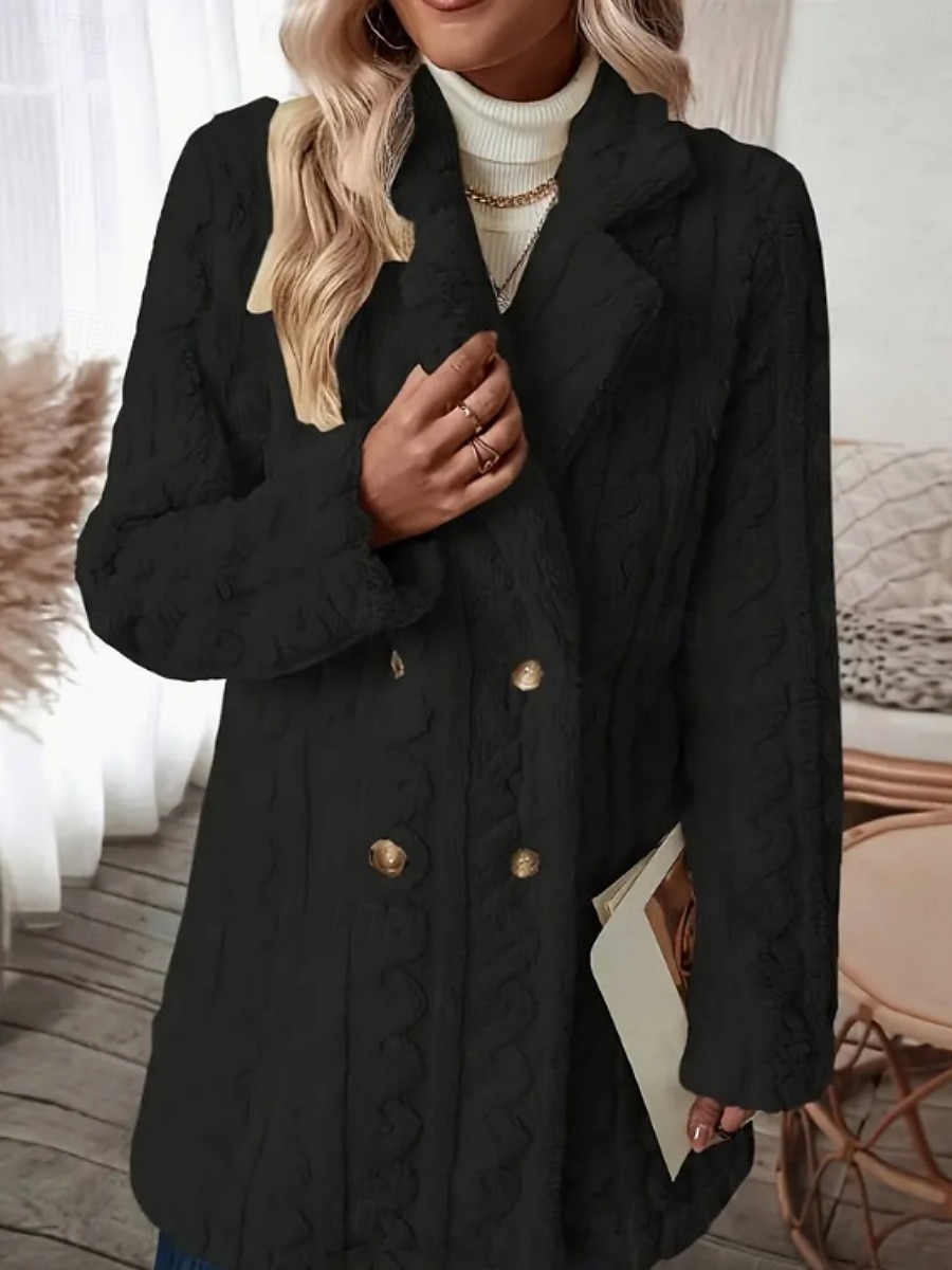 Dames Fleecejack Teddy jas Houd Warm Ademend Zak Met fleece gevoerd Casual Effen Vakantie Straat Casual Alledaagse kleding Dubbele rij knopen Lang Ingesneden revers Normale pasvorm Lange mouw 2025 - $44.99 –P20