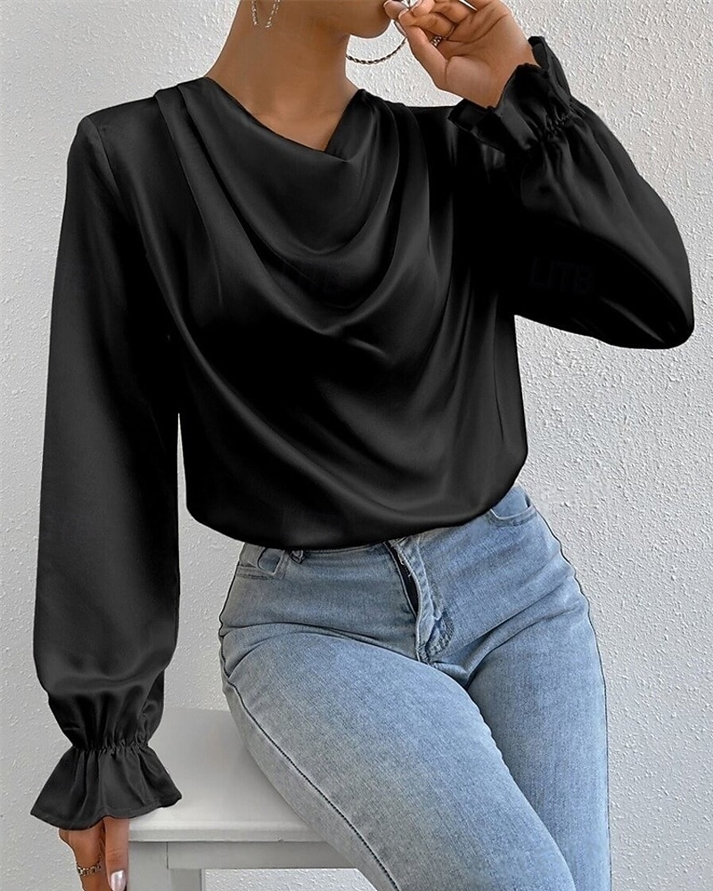 Femmes Chemise Chemise en satin Uni Élégant Occasionnel manche longue Col Bénitier Hauts Réguliers Quotidien Sortir Drapé Noir Rose Claire Vert Abricot Printemps Automne de 2025 ? $18.99 –P10