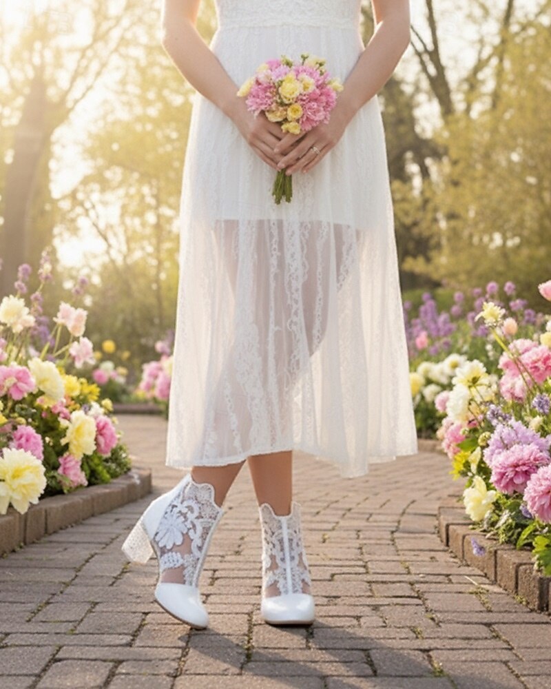 białe koronkowe botki damskie na przezroczystym obcasie słupkowym - idealne na wesela i imprezy okolicznościowe 2026 - $46.99 –P2