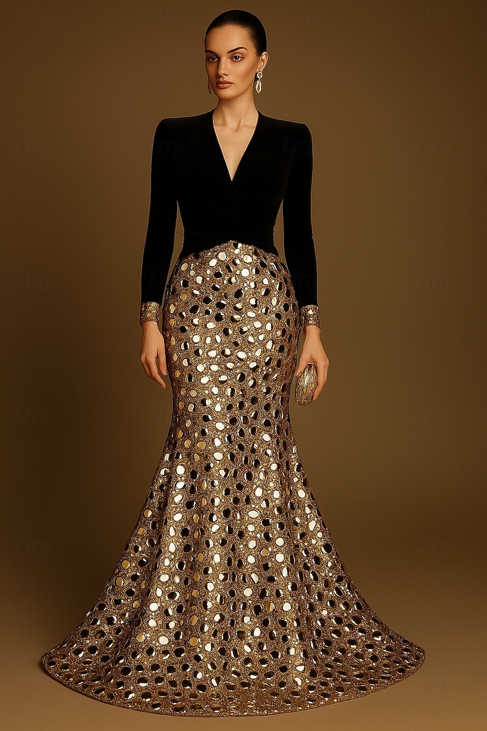 Mermaid / Trumpet Floor Length Prom Dresses Evening Gown Ball Gown Formal Dress Elegant Vintage Color Block Long Sleeve V Neck Formal Wedding Sequined Velvet with Glitter Pleats Sequin 2025 - $154.99 –P1
