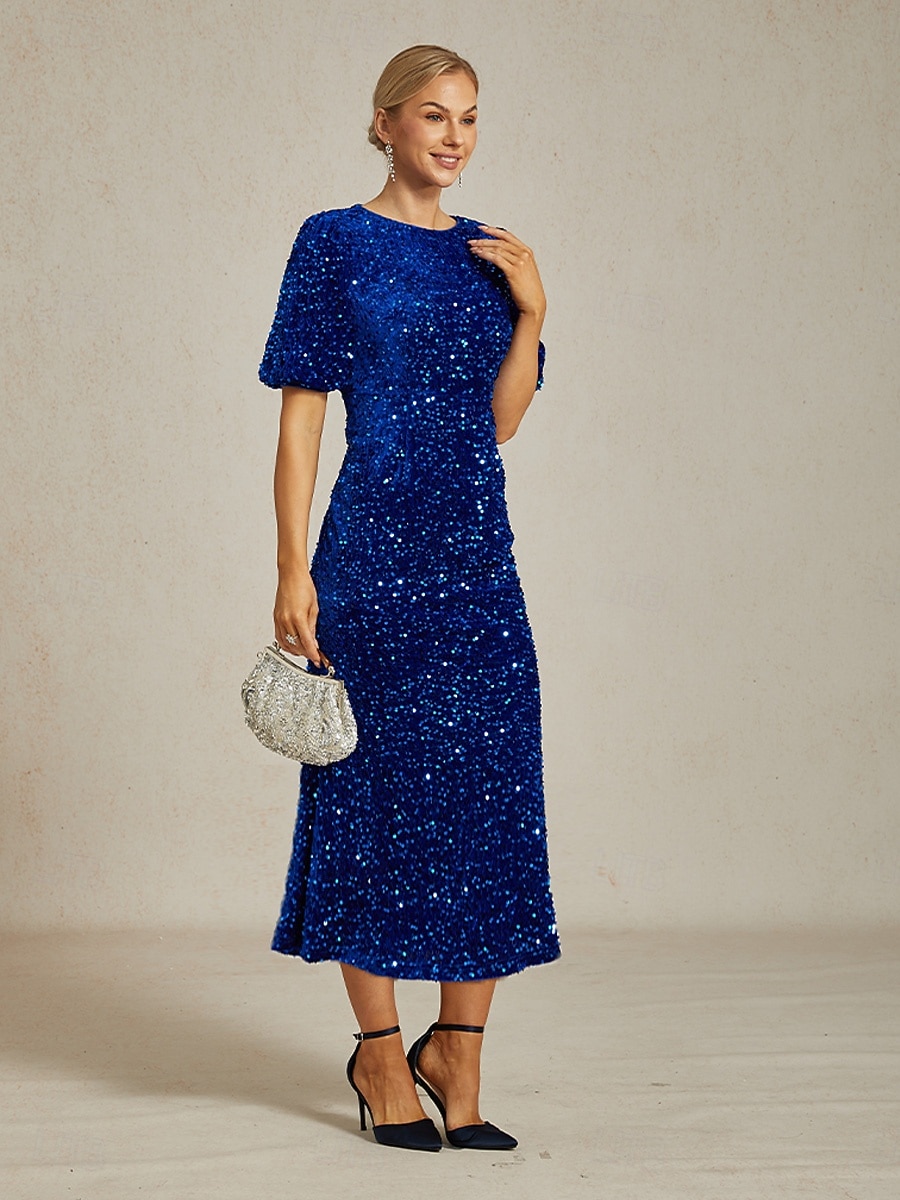 Women's Sequins Maxi Dress Sheath Dress A Line Dress Puff Sleeve Dress Party Birthday Party Regular Fit Solid Color Short Sleeve Crew Neck Royal Blue Spring Fall Winter 2025 - $169.99 –P1