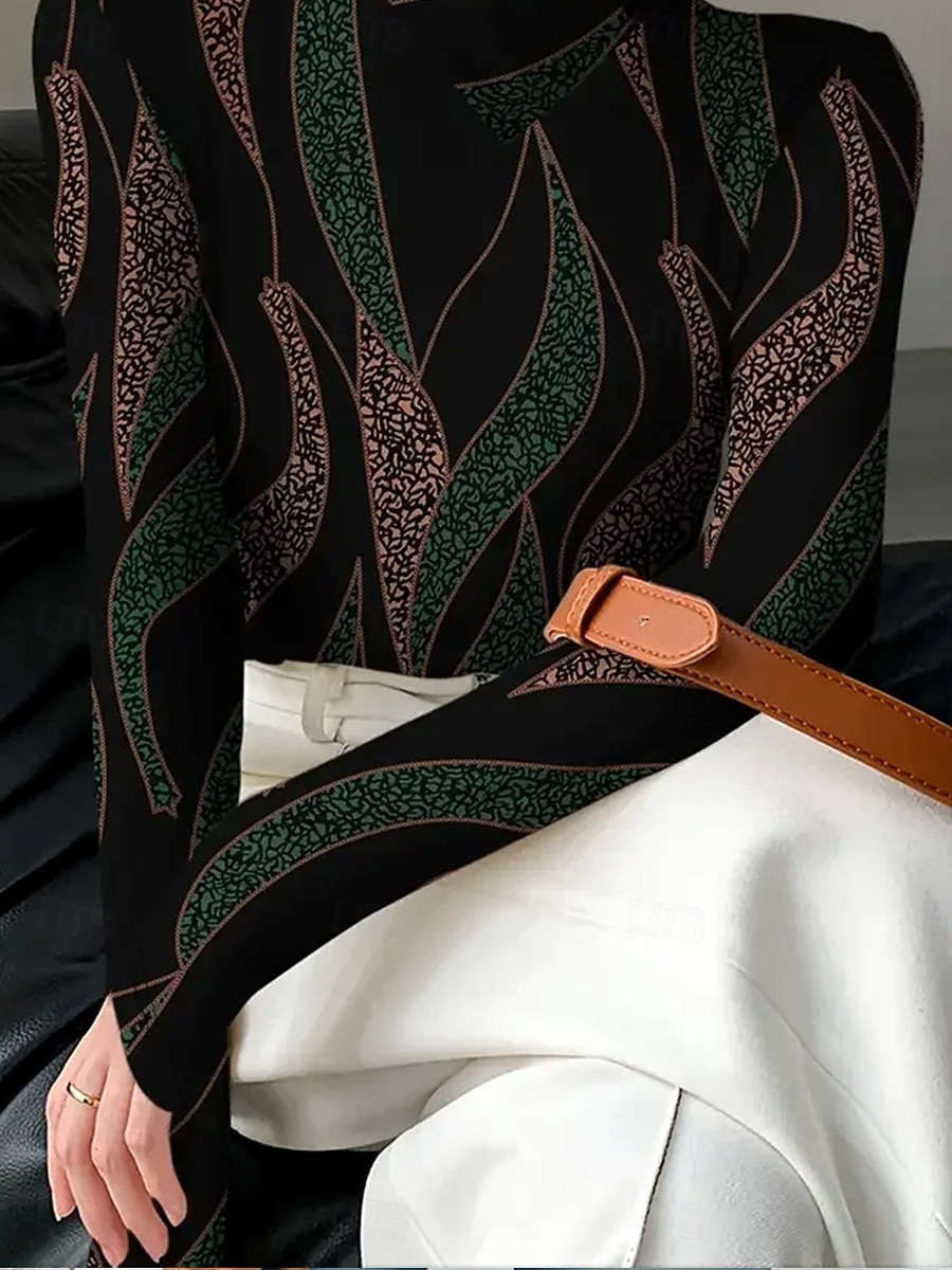 Mujer Camiseta Estampado Graphic Abstracto Geometría Elegante Vintage Clásico Manga Larga Cuello Alto Cuello asimétrico Tops regulares Diario Verde Oscuro Primavera Otoño Invierno 2026 - $25.99 –P3