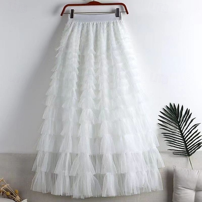 Femmes Jupe Trapèze Élégant Mode Occasionnel Maxi Taille haute Jupes Uni Superposé Micro-Élastique Soirée Rue Vin Noir Blanche Rose Printemps Chiffon Tulle de 2025 ? $29.99 –P1