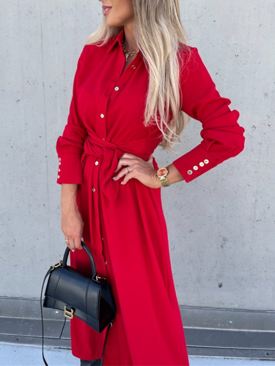 Femmes Robe Midi Robe trapèze Occasionnel Quotidien Coupe régulière Uni manche longue Revers Noir Rouge Vert Abricot Printemps Automne Hiver de 2025 ? $31.99 –P15