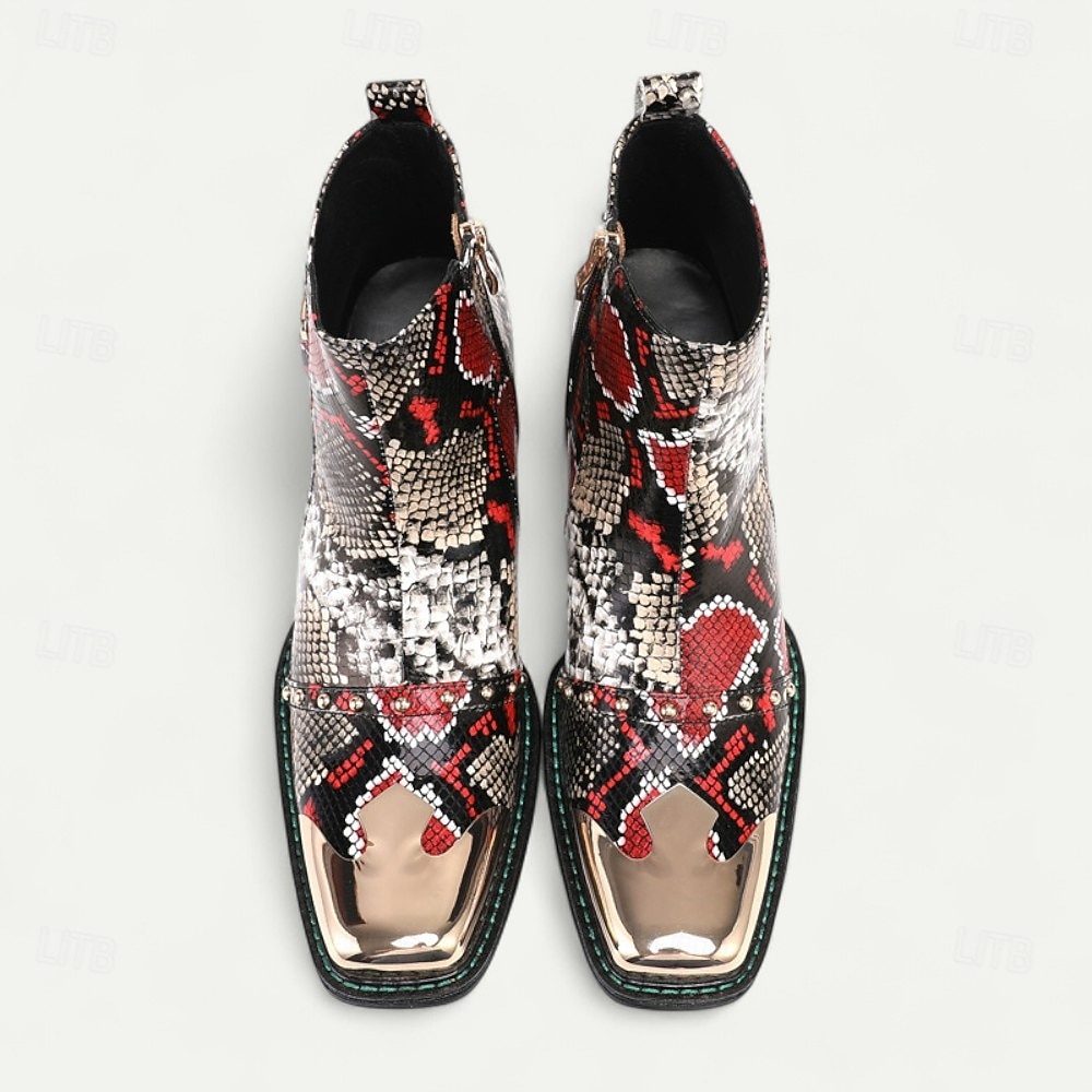 2025年 メンズの赤と黒のヘビ柄レザーブーツ - 結婚式、ギャツビーパーティー、イブニングドレスに最適な、メタルキャップ付きのエキゾチックな尖ったつま先アンクルブーツ  コレクション – $159.99 –P6