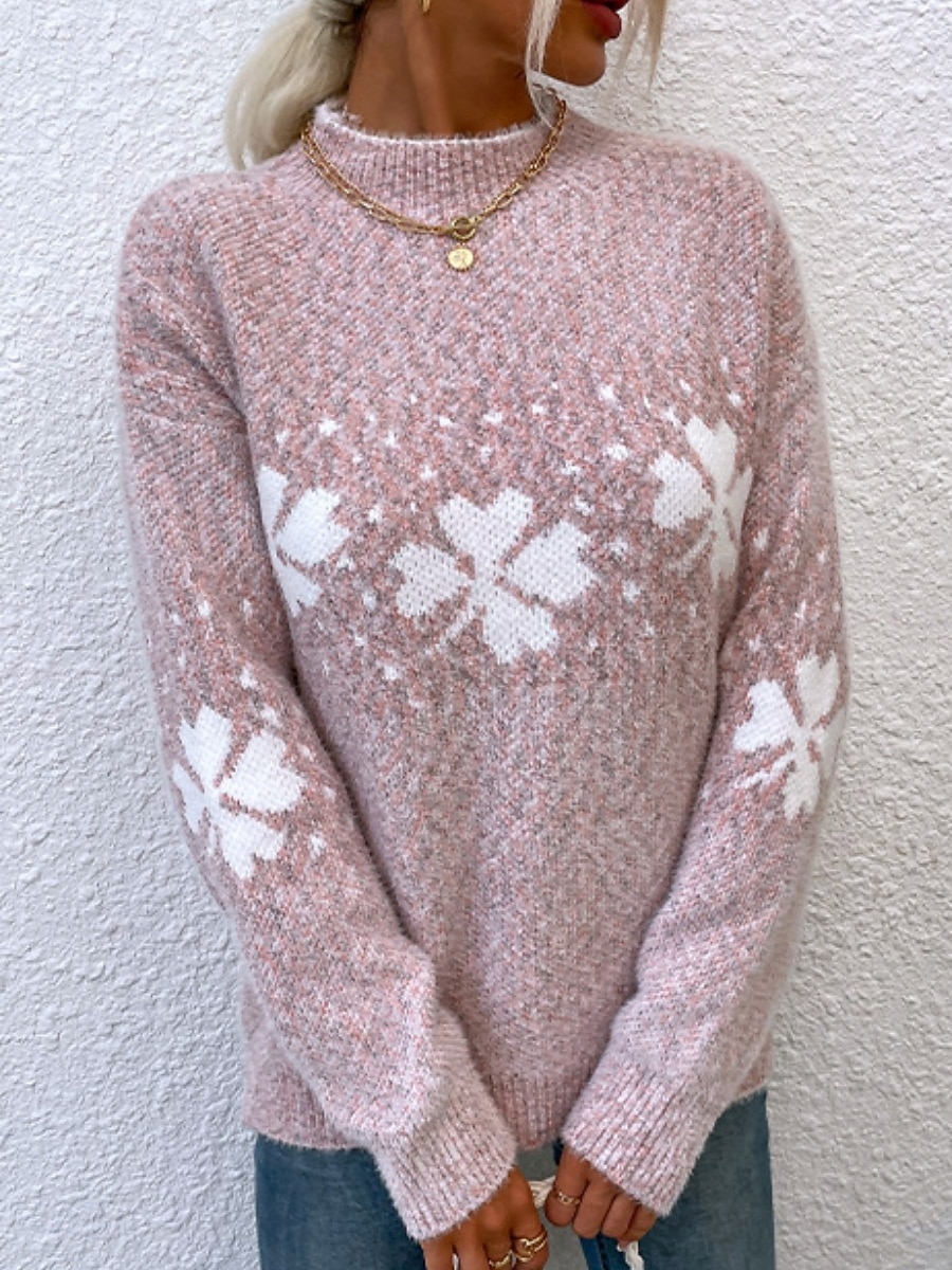 Dame Genser Fritid Myk snowflakes Riflet Crew-hals Strikket Langermet Vanlige topper Strikke utendørs Daglig Helg Rosa Mørkegrå Høst Vinter 2025 - $33.99 –P2