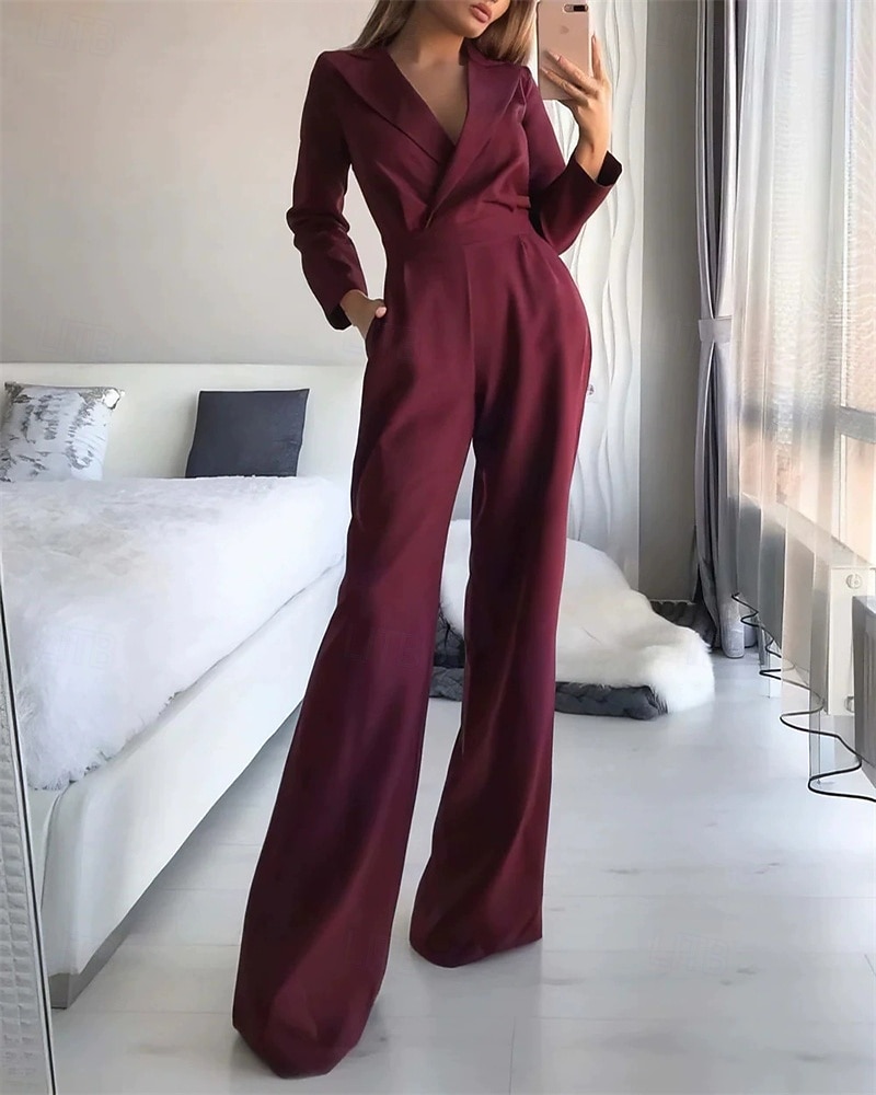 Női Szabályos Jumpsuitek Utcai sikk Tömör szín Hosszú ujj V-alakú Zseb Utca Napi Normál Fekete Fehér Bor Nyár 2025 - $31.99 –P1