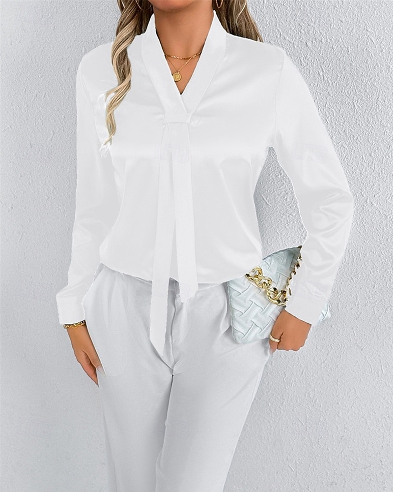 Per donna Camicia Camicia in raso Tinta unica Elegante Casual Manica Lunga Scollo a V Top Regolari Quotidiano Uscire Nodo frontale Nero Bianco Primavera Autunno del 2025 a $18.99 –P1