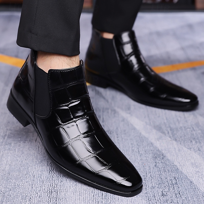 Botines Chelsea marrones con estampado de cocodrilo para hombre: botines de piel sintética con paneles laterales elásticos, botas de vestir de estilo vintage para oficina y noche. 2025 - $42.99 –P9