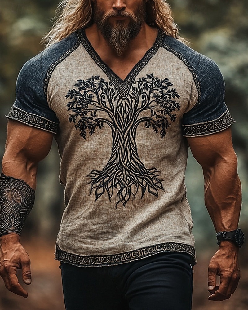 Men's T Shirt Tee Short Sleeve Shirt Tee Top Short Sleeve V Neck Summer Viking Tree Of Life Yggdrasil Vintage Designer Ethnic Style Print Vacation Street Going out Blue Khaki Dark Blue Top Tee for Men 2026 - $19.49 –P1