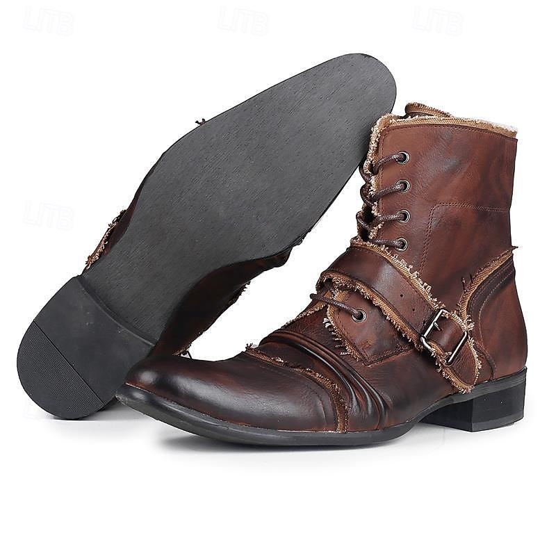 Bottes de motard rétro en cuir marron pour homme – Bottes de moto montantes faites à la main avec des accents de boucle pour le punk, le gothique et le streetwear décontracté de 2025 ? $179.99 –P9