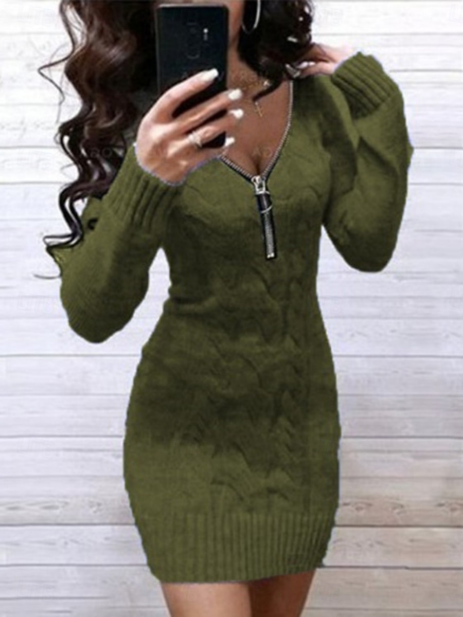 Damen Pullover Pullover Kleid Lässig Weich Einfarbig Gerippt V Ausschnitt Reißverschluss Gestrickt Langarm Lange Oberteile Stricken Outdoor Party Täglich Wein Armeegrün Herbst Winter 2025 - $31.99 –P2