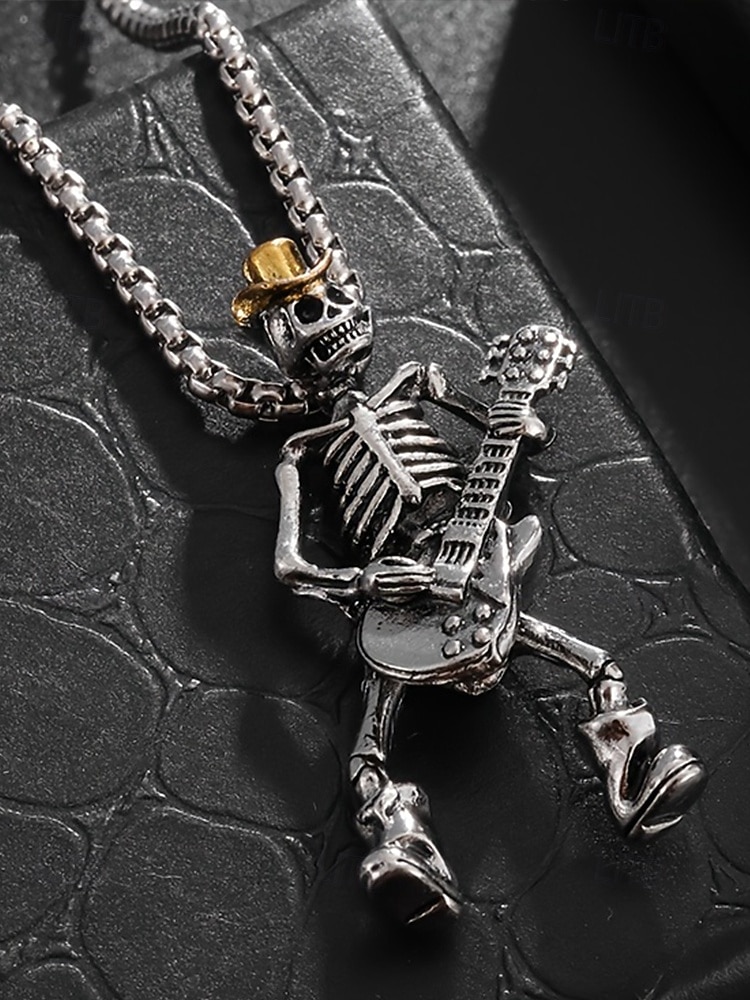 Collar con colgante de guitarra y calavera de Halloween para hombre, cadena de metal estilo rock punk, ideal para fiestas, conciertos y vida nocturna. 2025 - $9.99 –P5