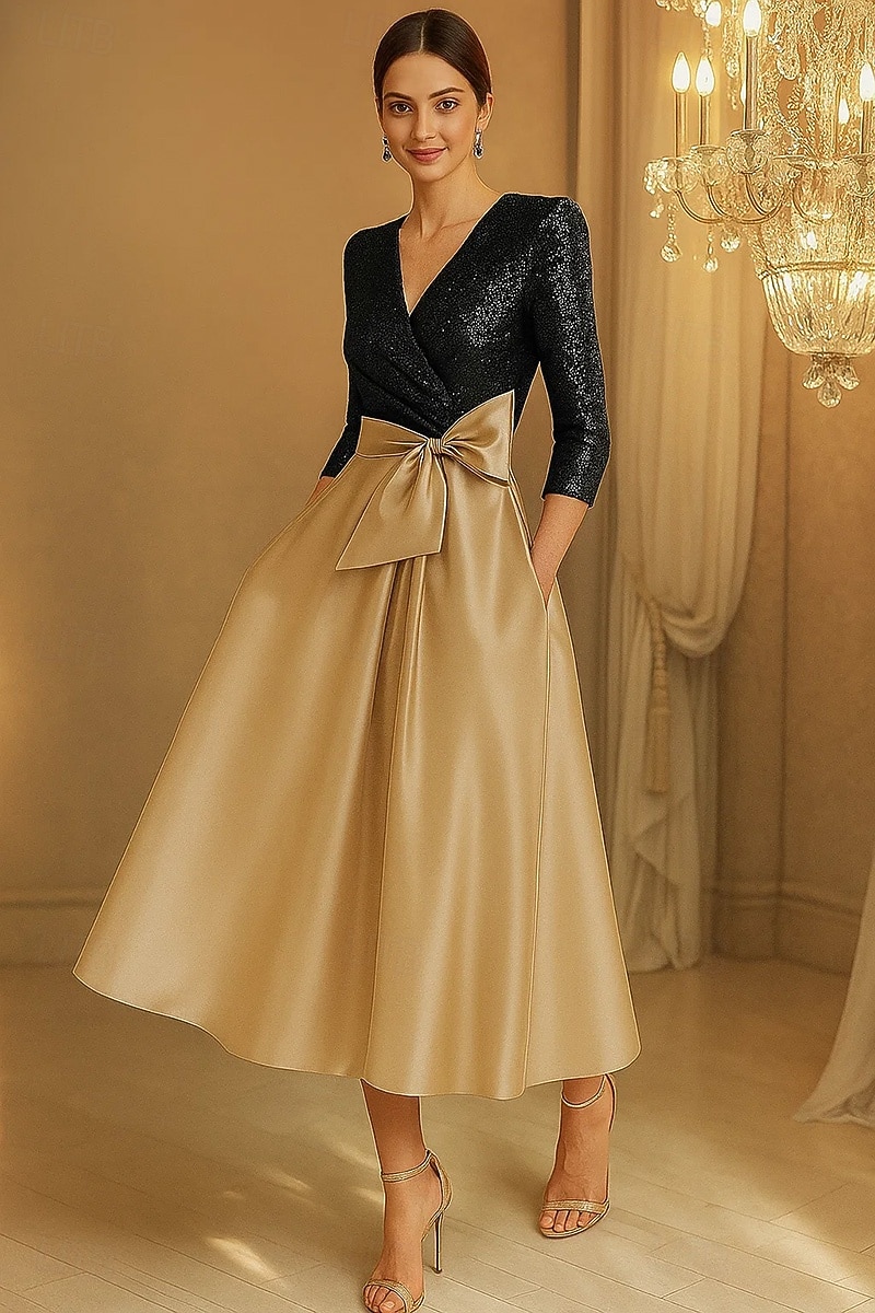 Linia -A Rochii de cocktail Elegant Rochie formală Oficial Nuntă Lungimea ceaiului Lungime Manșon 3/4 În V Satin întins cu Arc 2025 2025 - $164.99 –P4