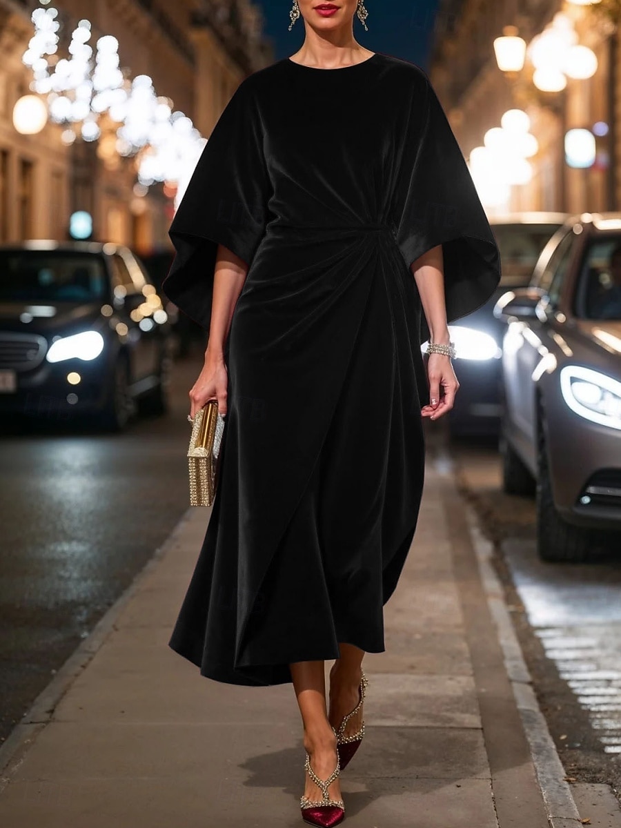Robe midi en velours pour femmes ajustée et évasée élégante robe de cocktail fête en extérieure invitée de mariage ajustement régulier couleur unie à manches longues col ras du cou noir rouge bleu de 2025 ? $31.99 –P4